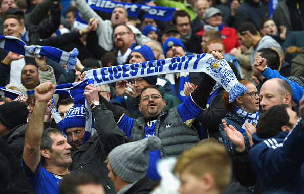 MANCHESTER, ENGLAND - FEBRUARY 06:  Leicester City supporters celebrate their team's win in the Barclays Premier League match between Manchester City and Leicester City at the Etihad Stadium on February 6, 2016 in Manchester, England.  (Photo by Michael Regan/Getty Images)